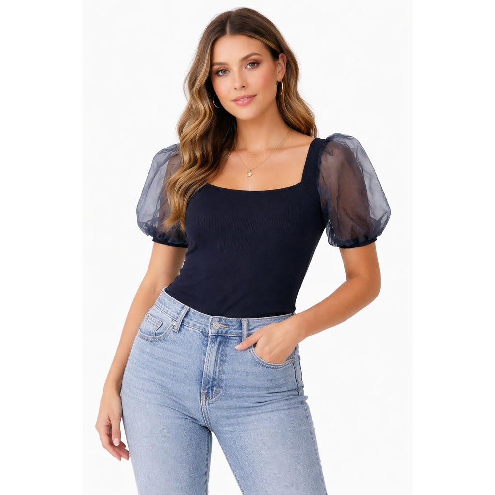 French Connection Womens Navy‎ Blue Ribbed Organza Puff Sleeve Square Neck Top L